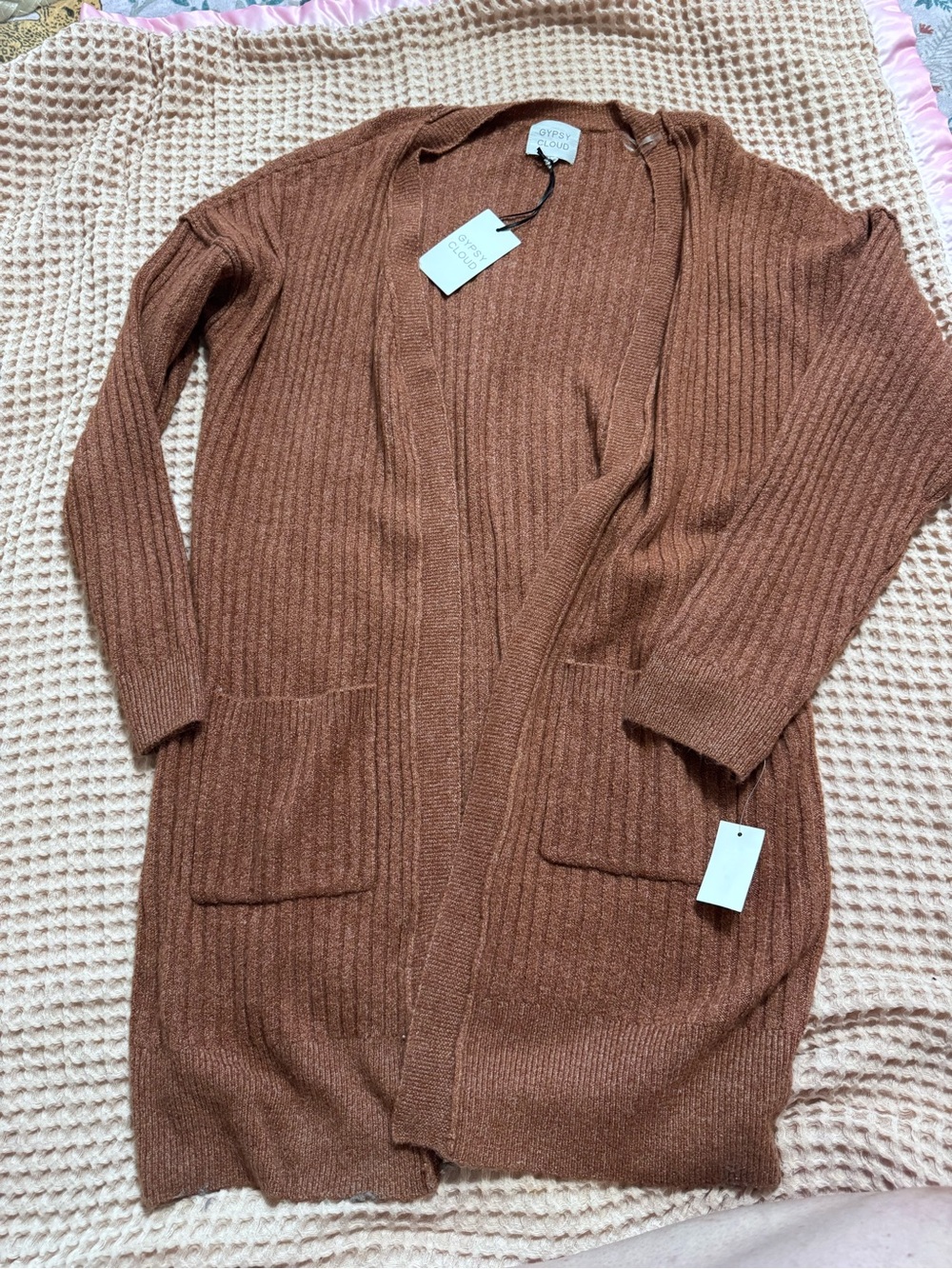 Cozy Ribbed Open-Front Cardigan in Rust Brown